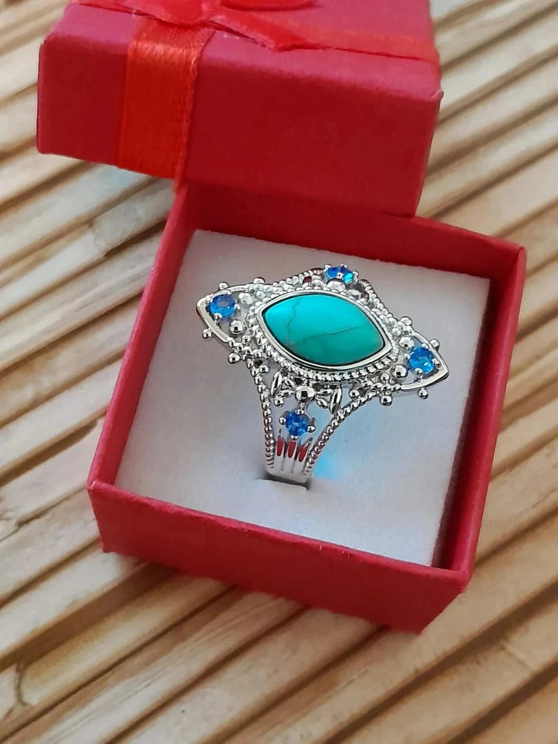 Anillo plateado, Piedra turquesa, estilo Bohème con strass, Tamaño 60 – photo 2